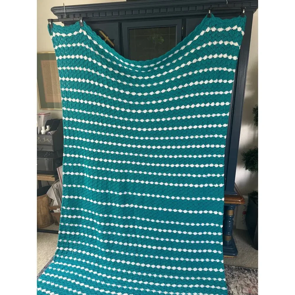 Handmade afghan crochet granny blanket teal turquoise and white stripe scalloped